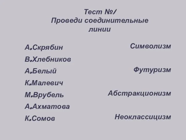 Тест №1 Проведи соединительные линии А.Скрябин В.Хлебников А.Белый К.Малевич М.Врубель А.Ахматова К.Сомов Символизм Футуризм Абстракционизм Неоклассицизм