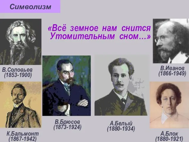 «Всё земное нам снится Утомительным сном…» В.Иванов (1866-1949) К.Бальмонт (1867-1942) В.Соловьев (1853-1900)
