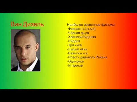 Вин Дизель Наиболее известные фильмы: -Форсаж (1,3,4,5,6) -Чёрная дыра -Хроники Риддика -Риддик