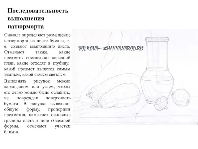 Последовательность выполнения натюрморта Сначала определяют размещение натюрморта на листе бумаги, т. е.