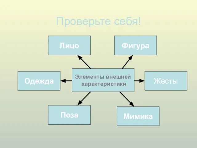 Проверьте себя! Элементы внешней характеристики Поза Мимика Жесты Одежда Лицо Фигура