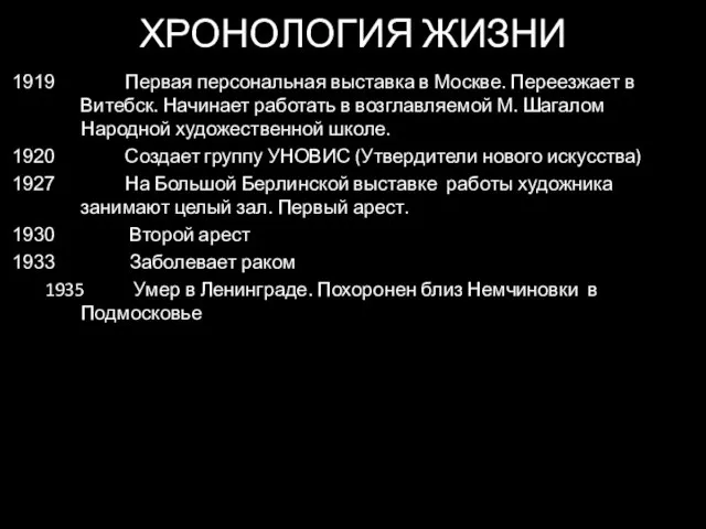 ХРОНОЛОГИЯ ЖИЗНИ Первая персональная выставка в Москве. Переезжает в Витебск. Начинает работать