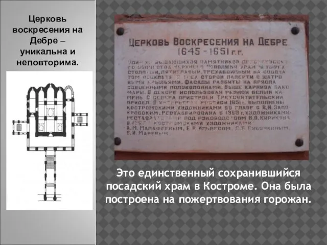 Это единственный сохранившийся посадский храм в Костроме. Она была построена на пожертвования