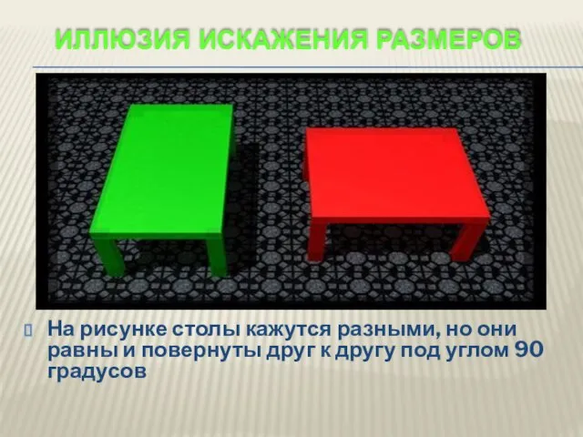 ИЛЛЮЗИЯ ИСКАЖЕНИЯ РАЗМЕРОВ Это оптические иллюзии, заставляющие усомнится в истинных размерах объектов