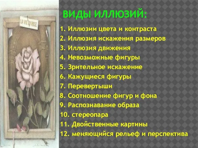 ВИДЫ ИЛЛЮЗИЙ: 1. Иллюзии цвета и контраста 2. Иллюзия искажения размеров 3.