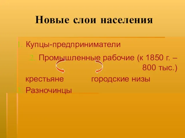 Новые слои населения Купцы-предприниматели Промышленные рабочие (к 1850 г. – 800 тыс.) крестьяне городские низы Разночинцы