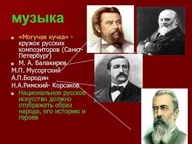 музыка «Могучая кучка» - кружок русских композиторов (Санкт- Петербург) М. А. Балакирев