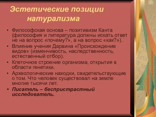 Эстетические позиции натурализма Философская основа – позитивизм Канта (философия и литература должны