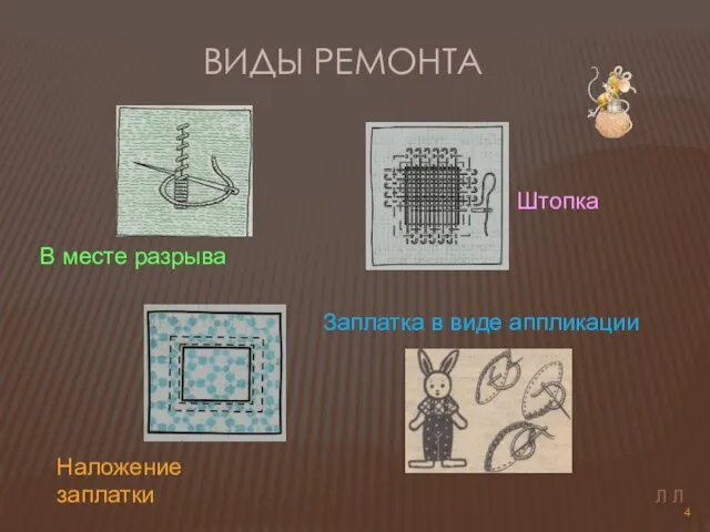 Виды ремонта В месте разрыва Штопка Наложение заплатки Заплатка в виде аппликации Л Л