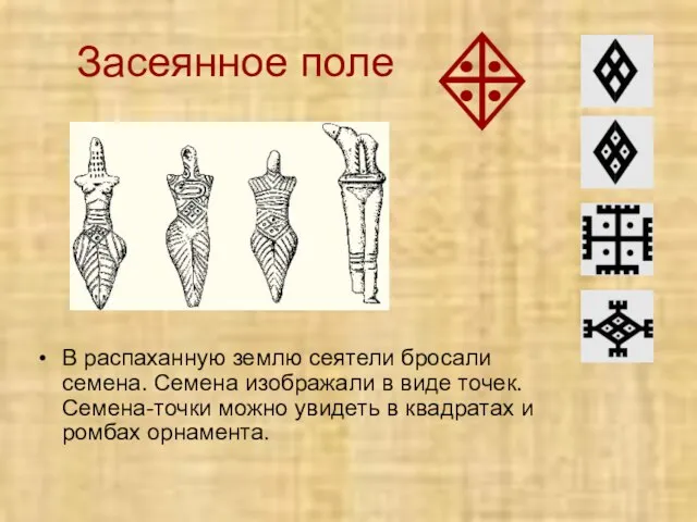 Засеянное поле В распаханную землю сеятели бросали семена. Семена изображали в виде