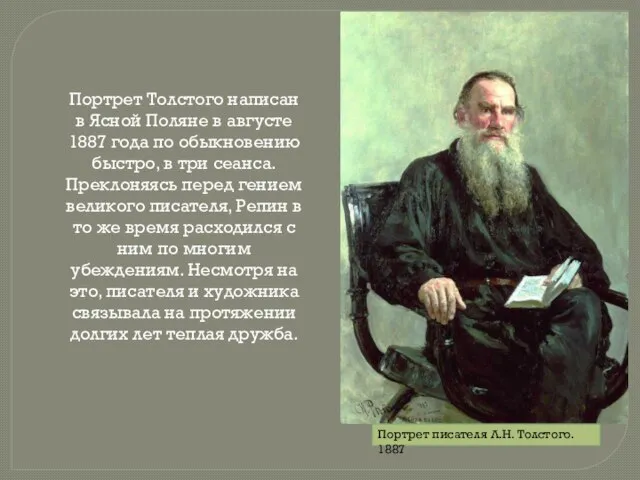Портрет писателя Л.Н. Толстого. 1887 Портрет Толстого написан в Ясной Поляне в