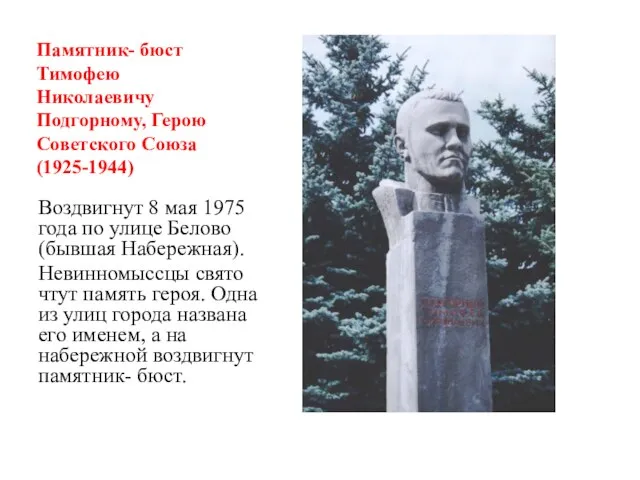 Памятник- бюст Тимофею Николаевичу Подгорному, Герою Советского Союза (1925-1944) Воздвигнут 8 мая