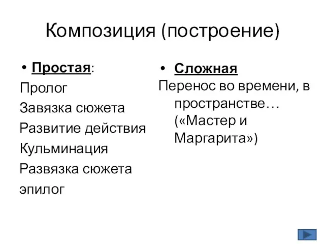 Композиция (построение) Простая: Пролог Завязка сюжета Развитие действия Кульминация Развязка сюжета эпилог