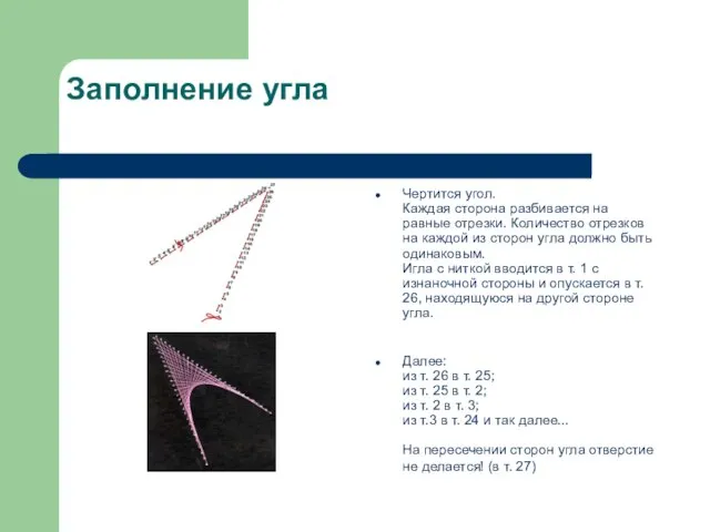 Заполнение угла Чертится угол. Каждая сторона разбивается на равные отрезки. Количество отрезков