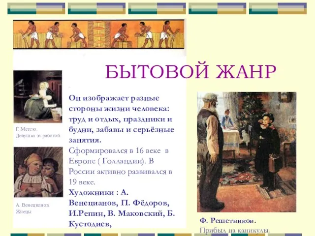 Г. Метсю. Девушка за работой. А. Венецианов. Жнецы БЫТОВОЙ ЖАНР Он изображает