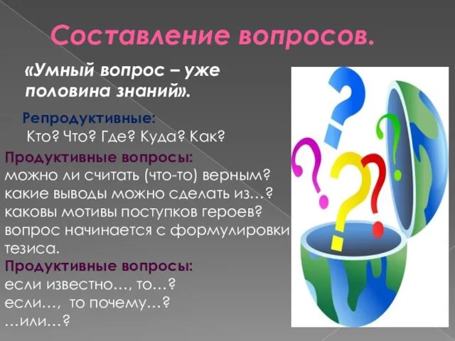 Составление вопросов. «Умный вопрос – уже половина знаний». Репродуктивные: Кто? Что? Где?