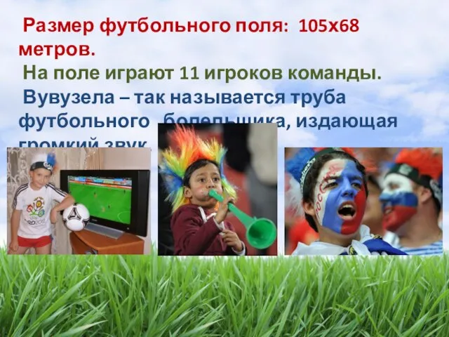 Размер футбольного поля: 105х68 метров. На поле играют 11 игроков команды. Вувузела