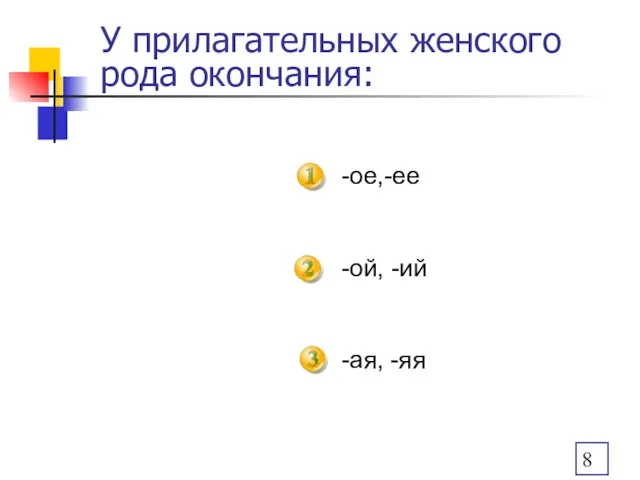 У прилагательных женского рода окончания: -ое,-ее -ой, -ий -ая, -яя