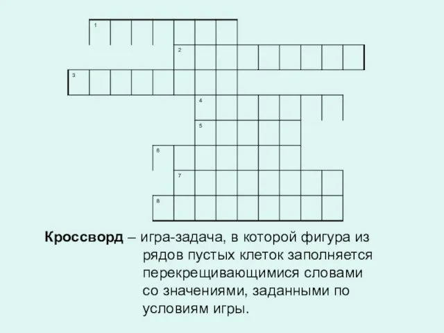 Кроссворд – игра-задача, в которой фигура из рядов пустых клеток заполняется перекрещивающимися