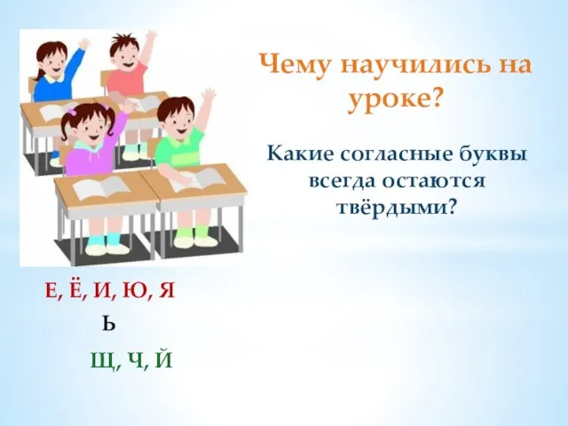 Чему научились на уроке? Какие согласные буквы всегда остаются твёрдыми? Е, Ё,