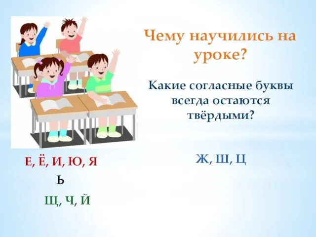 Чему научились на уроке? Какие согласные буквы всегда остаются твёрдыми? Ж, Ш,