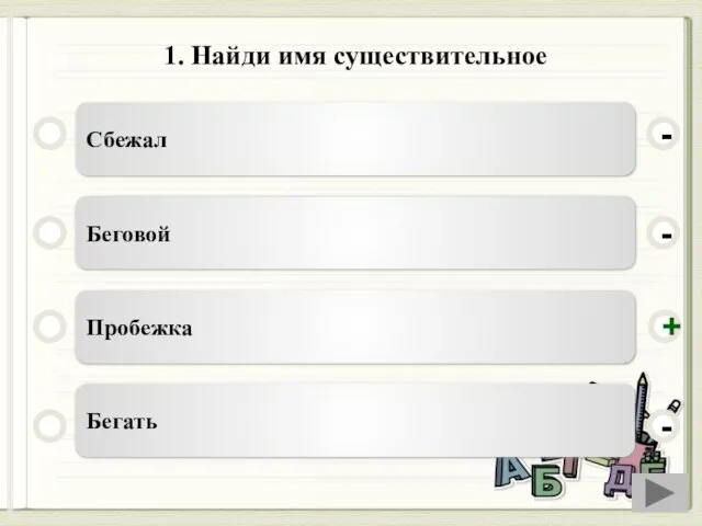 1. Найди имя существительное Сбежал Беговой Пробежка Бегать - - + -