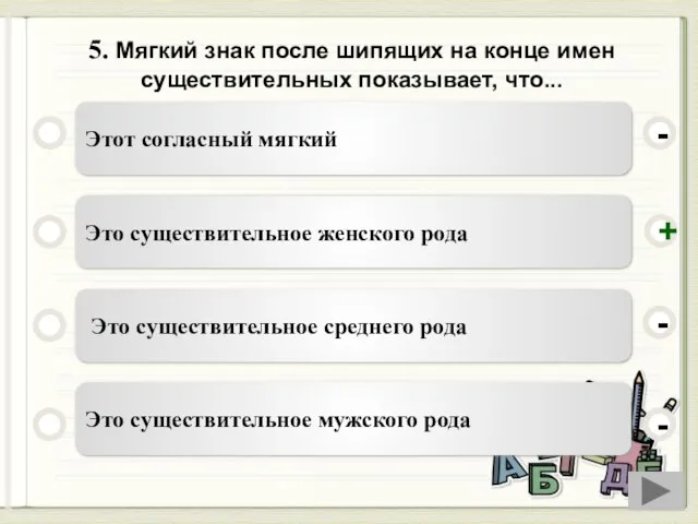 5. Мягкий знак после шипящих на конце имен существительных показывает, что... Этот