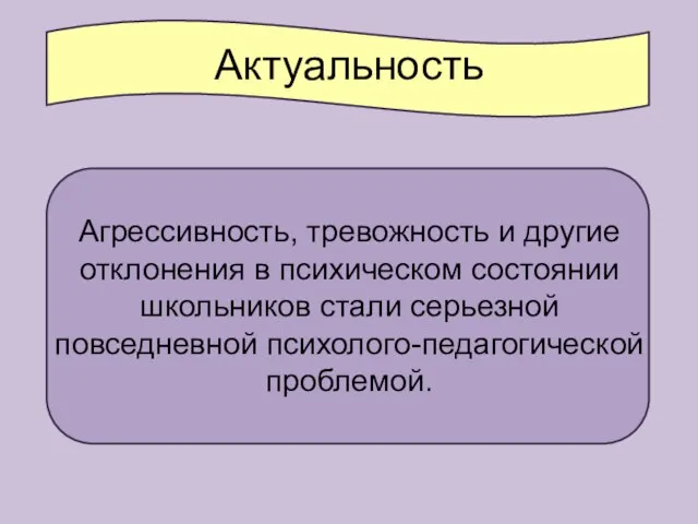 Актуальность Агрессивность, тревожность и другие отклонения в психическом состоянии школьников стали серьезной повседневной психолого-педагогической проблемой.