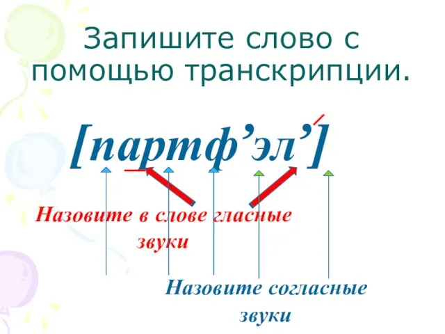 Запишите слово с помощью транскрипции. [партф’эл’] Назовите в слове гласные звуки Назовите согласные звуки