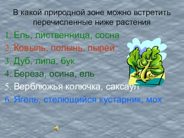 В какой природной зоне можно встретить перечисленные ниже растения Ель, лиственница, сосна