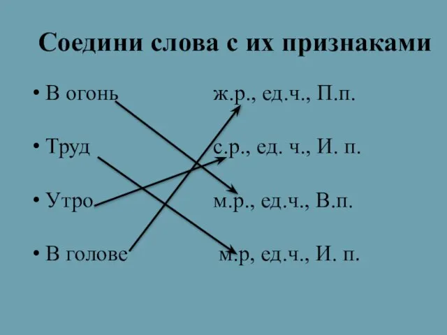 Соедини слова с их признаками В огонь ж.р., ед.ч., П.п. Труд с.р.,