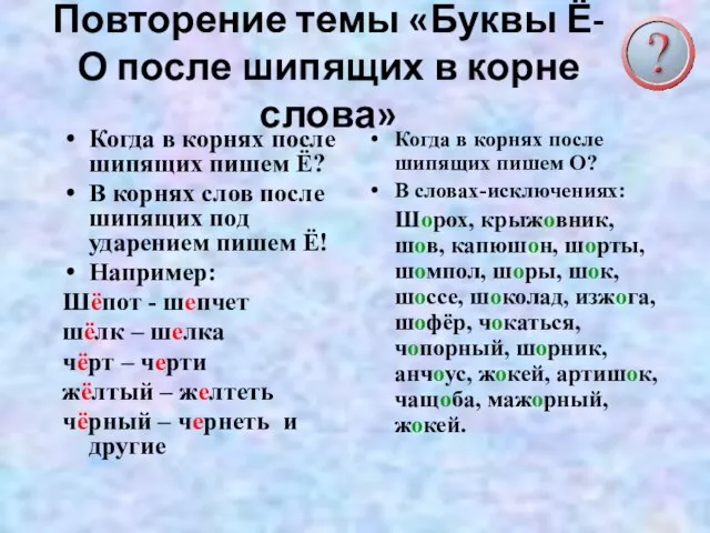 Повторение темы «Буквы Ё-О после шипящих в корне слова» Когда в корнях