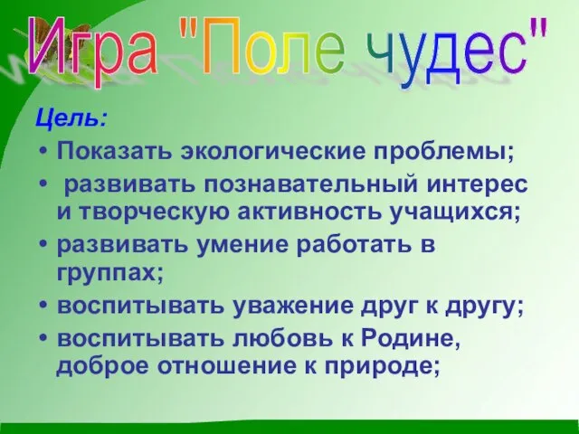 Игра "Поле чудес" Цель: Показать экологические проблемы; развивать познавательный интерес и творческую