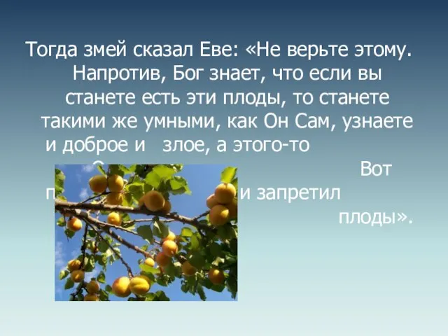 Тогда змей сказал Еве: «Не верьте этому. Напротив, Бог знает, что если