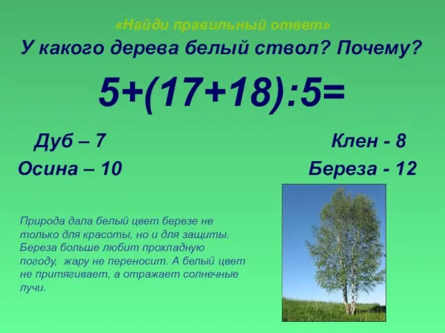«Найди правильный ответ» У какого дерева белый ствол? Почему? 5+(17+18):5= Дуб –