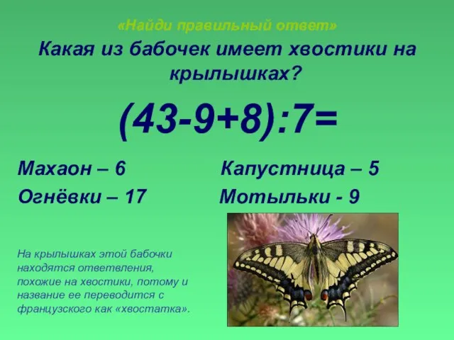 «Найди правильный ответ» Какая из бабочек имеет хвостики на крылышках? (43-9+8):7= Махаон
