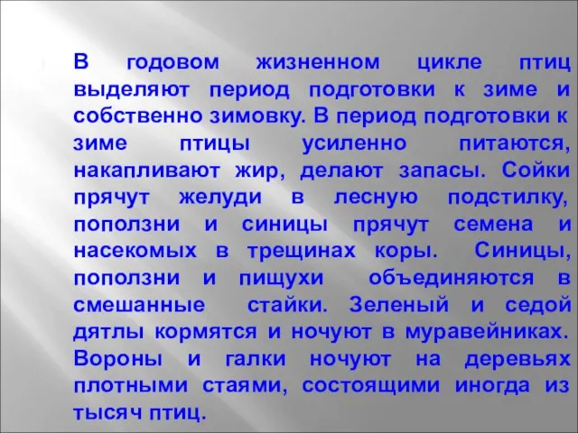 В годовом жизненном цикле птиц выделяют период подготовки к зиме и собственно