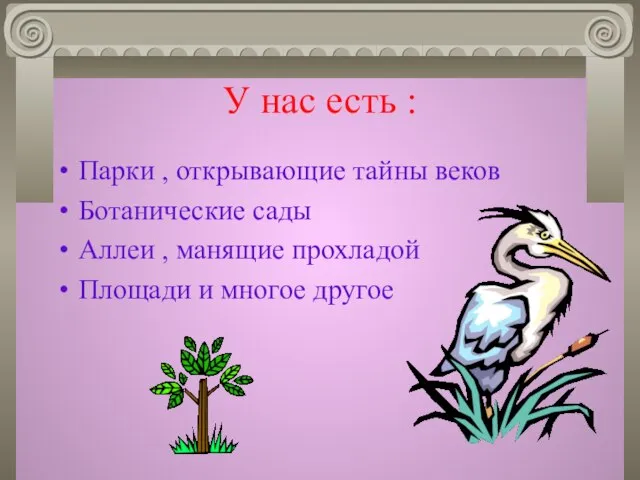 У нас есть : Парки , открывающие тайны веков Ботанические сады Аллеи