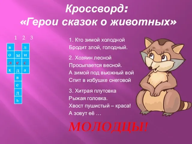 Кроссворд: «Герои сказок о животных» 1 2 3 1. Кто зимой холодной