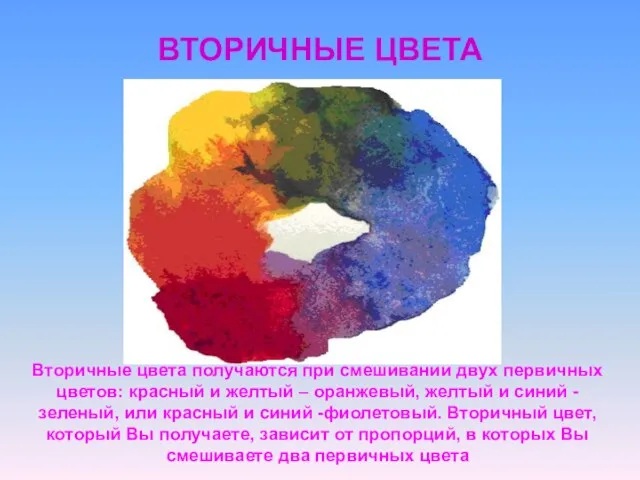 ВТОРИЧНЫЕ ЦВЕТА Вторичные цвета получаются при смешивании двух первичных цветов: красный и