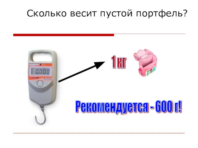 Сколько весит пустой портфель? 1 кг Рекомендуется - 600 г!