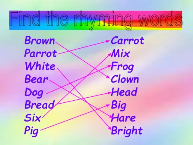 Find the rhyming words Brown Parrot White Bear Dog Bread Six Pig