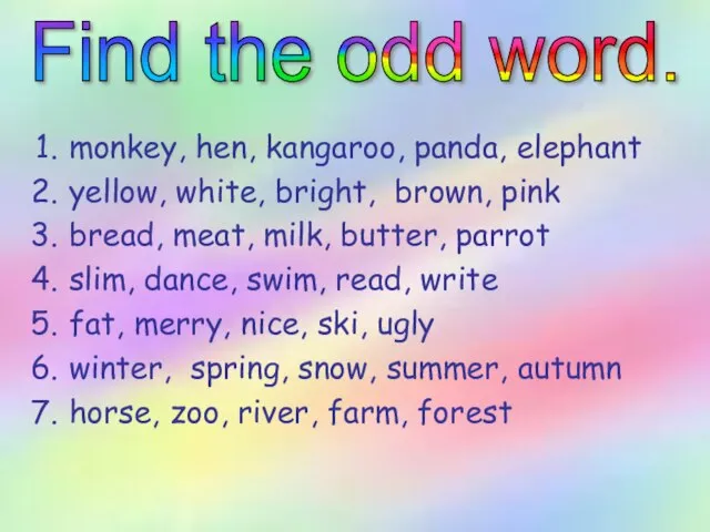 monkey, hen, kangaroo, panda, elephant yellow, white, bright, brown, pink bread, meat,