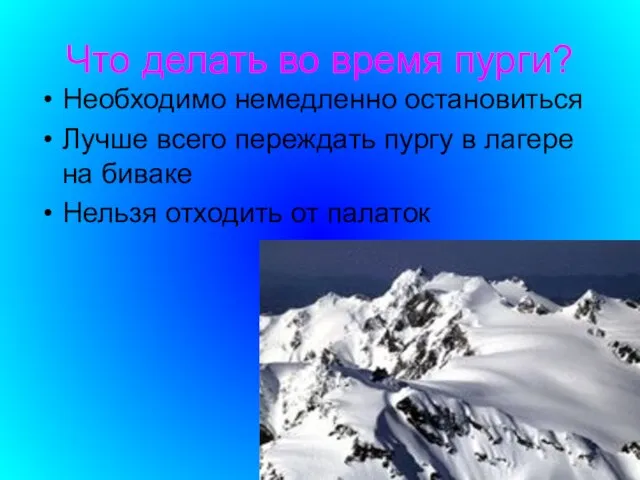 Что делать во время пурги? Необходимо немедленно остановиться Лучше всего переждать пургу