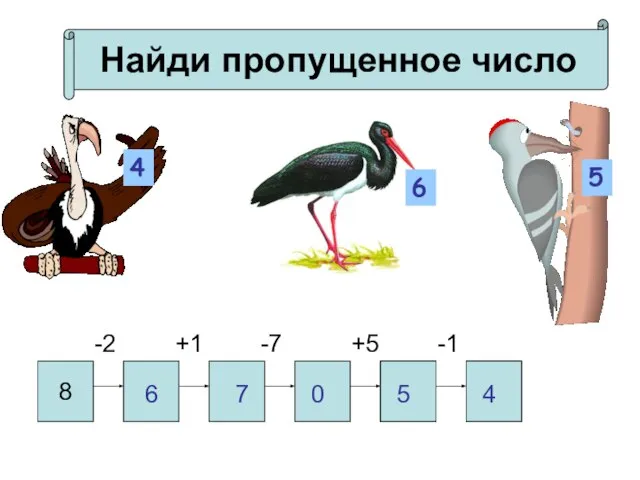 Найди пропущенное число 8 -2 +1 -7 +5 -1 6 4 5