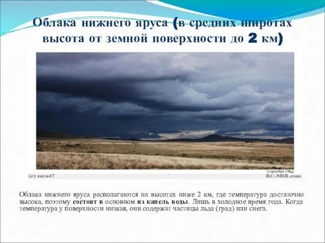 Облака нижнего яруса (в средних широтах высота от земной поверхности до 2