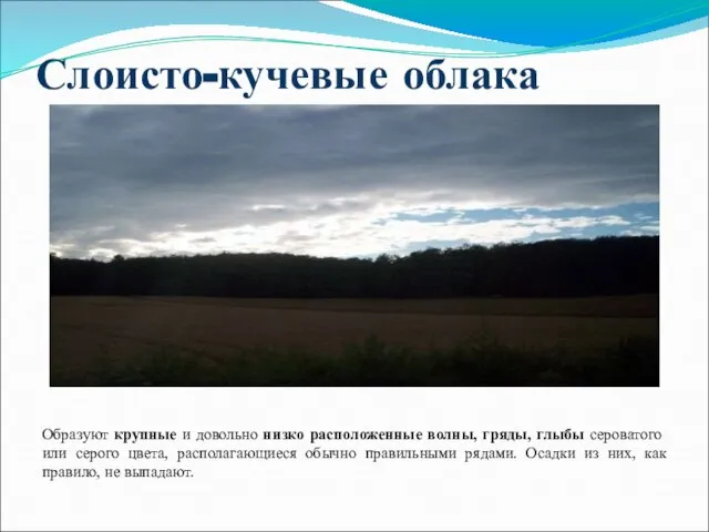 Слоисто-кучевые облака Образуют крупные и довольно низко расположенные волны, гряды, глыбы сероватого