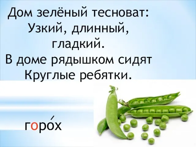 Дом зелёный тесноват: Узкий, длинный, гладкий. В доме рядышком сидят Круглые ребятки. горох