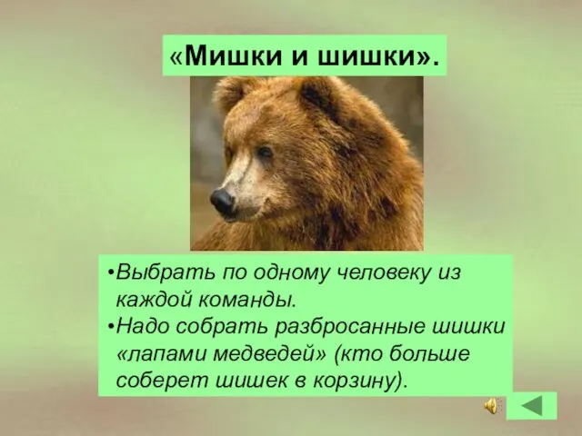 Выбрать по одному человеку из каждой команды. Надо собрать разбросанные шишки «лапами