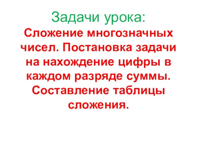 Задачи урока: Сложение многозначных чисел. Постановка задачи на нахождение цифры в каждом